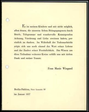 Dankschreiben von M. Wiegand
