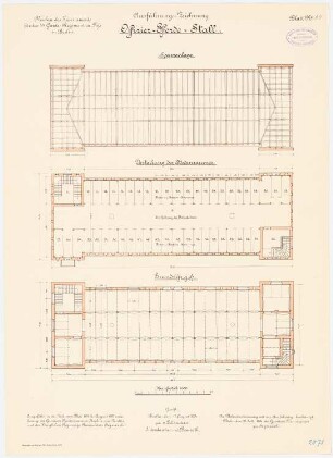 Kaserne des 4. Garderegiments zu Fuß, Berlin-Moabit: Offizier-Pferdestall: Grundriss 2. EG (?), Dachgeschoss, Sparrenlage 1:100