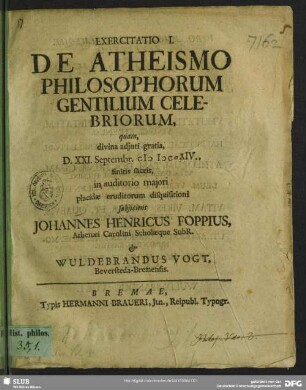 Exercitatio I. De Atheismo Philosophorum Gentilium Celebriorum