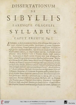Dissertationum de Sibyllis earumque oraculis Syllabus [Cap. I. – XXVI.]