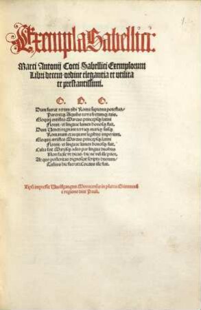 Exempla Sabellia : Marci Antonij Cocci Sabellici Exemplorum Libri decem ordine elegantia et vtilitate prestantissimi