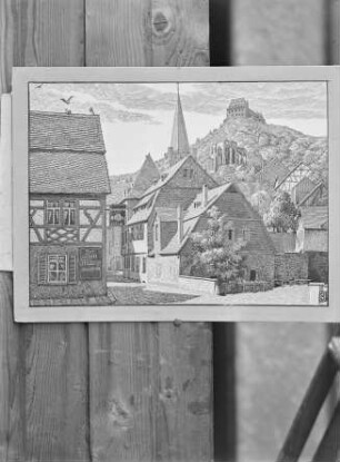 Darstellung von Bacharach mit Weinstube "Zur alten Münze", Wernerkapelle und Burg Stahleck (Druckgrafik)