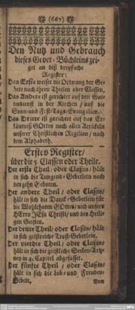 Den Nutz und Gebrauch dieses Gebet-Büchleins zeiget an diß dreyfache Register