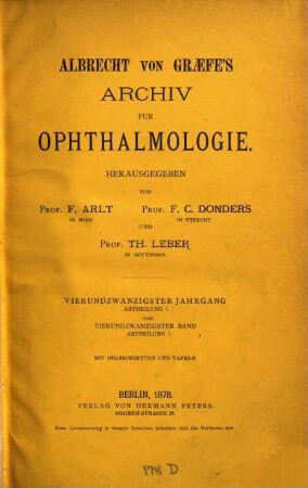 Albrecht von Graefes Archiv für Ophthalmologie. 24, 24. 1878, Abth.1 - 2