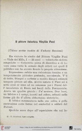 Il pittore futurista Virgilio Funi. Ultimo scritto inedito di Umberto Boccioni