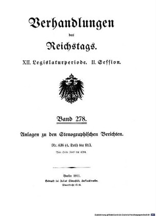 Verhandlungen des Reichstages. Stenographische Berichte. 278, 278. 1911
