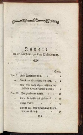 Inhalt des dritten Bändchens der Kinderzeitung.