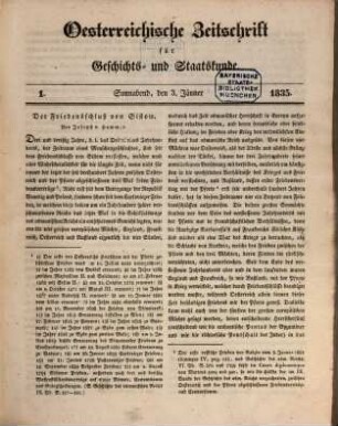 Österreichische Zeitschrift für Geschichts- und Staatskunde. 1. 1835