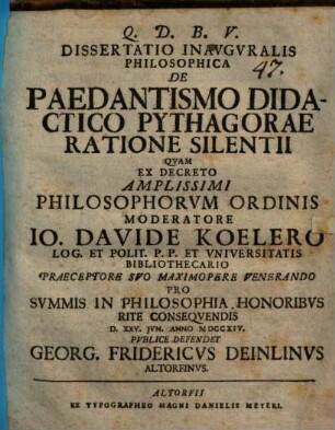 Diss. inaug. philos. de paedantismo didactico Pythagorae ratione silentii
