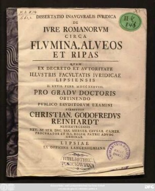Dissertatio Inavgvralis Ivridica De Ivre Romanorvm Circa Flvmina, Alveos Et Ripas