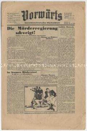 Exilausgabe der SPD-Organs "Vorwärts" u.a. zum Mord an Johannes Stelling