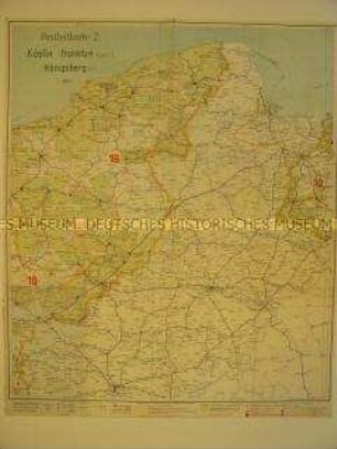 Verwaltungskarte mit den Postleitgebieten Köslin, Frankfurt (Oder>) und Königsberg