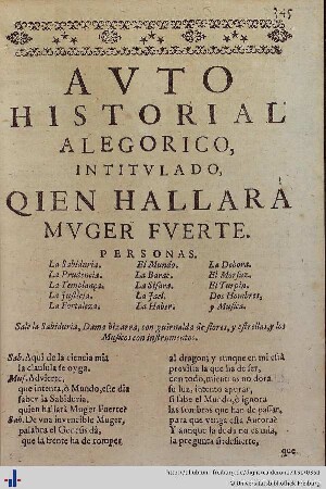 Auto Sacramental Alegorico Quien hallarà Muger Fuerte.