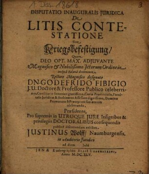 Disputatio Inauguralis Iuridica De Litis Contestatione Sive Kriegsbefestigung
