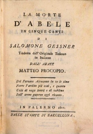 La morte d'Abele : in 5 canti