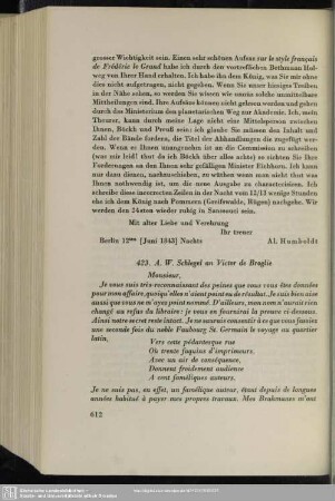 August Wilhelm von Schlegel an Achille-Léon-Victor de Broglie, Bonn, 28.03.1844