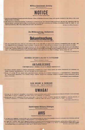 Bekanntmachung der Militärregierung Deutschland, Britische Zone - Registrierung der verschleppten Personen nicht deutscher Nationalität