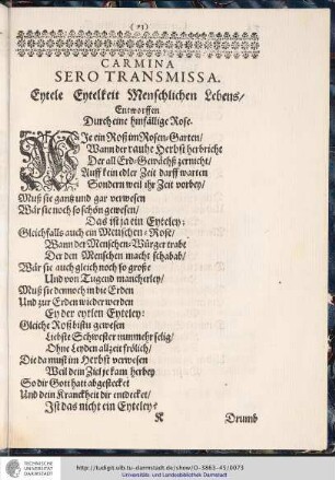 Carmina Sero Transmissa- Eytele Eytelkeit Menschlichen Lebens