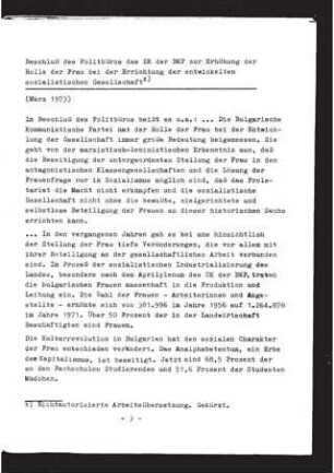 Beschluß des Politbüros des ZK der BKP zur Erhöhung der Rolle der Frau bei der Errichtung der entwickelten sozialistischen Gesellschaft