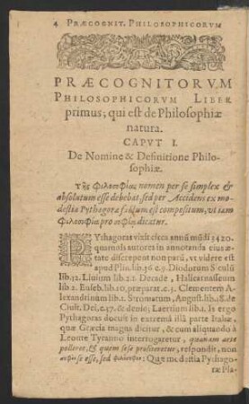 Praecognitorum Philosophicorum Liber primus; qui est de Philosophiae natura.