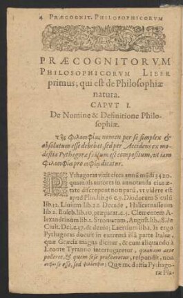 Praecognitorum Philosophicorum Liber primus; qui est de Philosophiae natura.