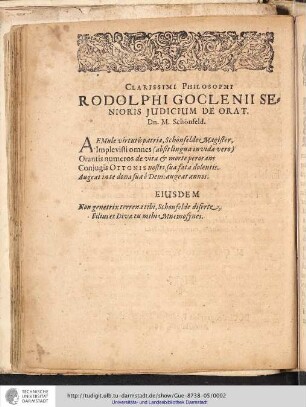 Clarissimi Philosophi Rodolphi Goclenii Senioris Judicium de Orat.