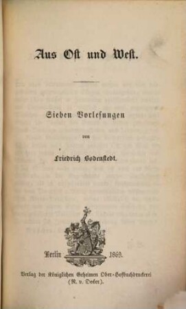 Aus Ost und West : sieben Vorlesungen