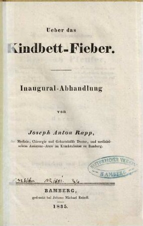 Über das Kindbett-Fieber : Inaug.-Abh.