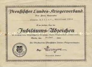 Verleihungsurkunde zum Jubiläumsabzeichen des Preußischer Landes-Kriegerverband