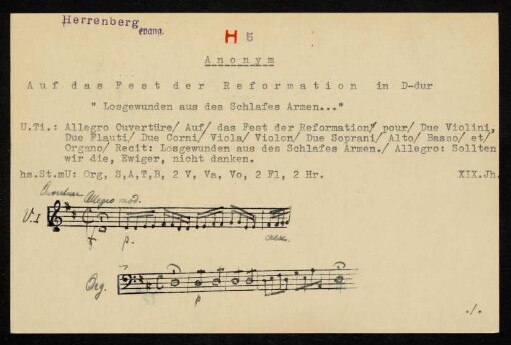 Auf das Fest der Reformation : Allegro Ouverture : pour due Violini, due Flauti, due Corni, Viola, Violon, due Soprani, Alto, Basso et Organo