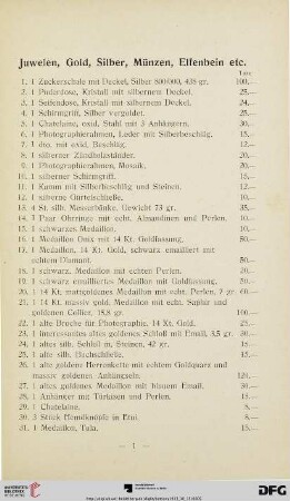 Juwelen, Gold, Silber, Münzen, Elfenbein etc. (Nr. 1-194p)