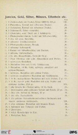 Juwelen, Gold, Silber, Münzen, Elfenbein etc. (Nr. 1-194p)