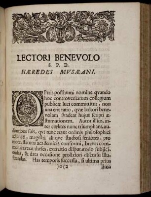 Lectori Benevolo S.P. D. Hæredes Musæani