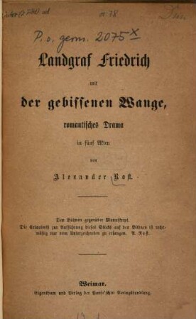 Landgraf Friedrich mit der gebissenen Wange : Romant. Drama in 5 Akten. [Umschlagt.]