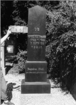 Grabstein 15 (Index: 100086630) Material: Granit Zustand: gebrochen und repariert Maße HxBxT: 200x56x27 cm Beschreibung: Stele, getreppter Sockel, giebelartiger Abschluß: Grabstein 15