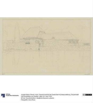 Köln, Frauenrosenhof der Deutschen Kunstausstellung, Skizzenblatt mit Perspektive von Westen