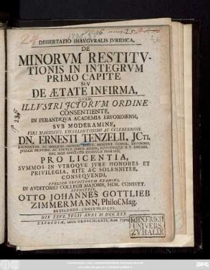 Dissertatio Inavgvralis Jvridica, De Minorvm Restitvtionis In Integrvm Primo Capite Sev De Ætate Infirma