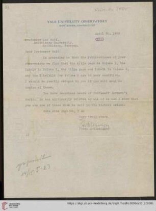 Briefe von Frank Schlesinger an Max Wolf: Brief von Frank Schlesinger von Yale University. Observatory an Max Wolf