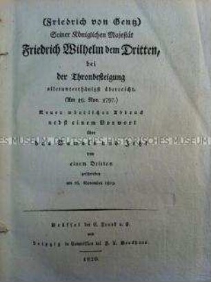 Preisrede zur Thronbesteigung des Königs Friedrich Wilhelm III. von Preußen
