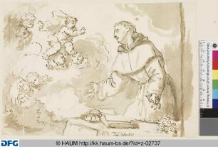 Junger Mönch am Tisch stehend, dem in den Wolken das Christkind zwischen Engeln erscheint - hl. Franziskus?