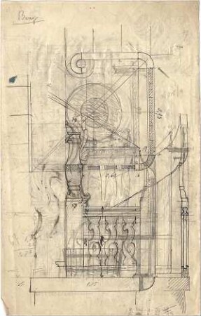 Thiersch, August ; Gebäude, Nebengebäude, Innenausstattung - unbestimmbare Einzelblätter - Innenausstattung - Treppengeländer (Schnitt, Detail)