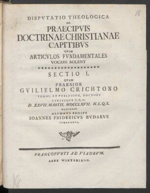 Disputatio Theologica De Praecipuis Doctrinae Christianae Capitibus : Quae Articulos Fundamentales Vocare Solent Sectio I.