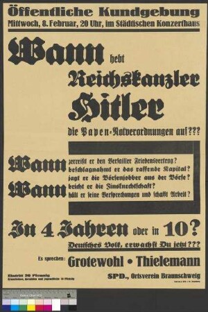 Plakat der SPD zu einer Wahlkundgebung am 8. Februar 1933 in Braunschweig