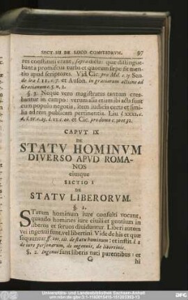 Caput IX De Statu Hominum Diverso Apud Romanos eiusque