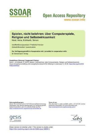Spielen, nicht belehren: über Computerspiele, Religion und Selbstwirksamkeit