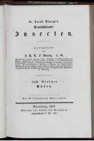 Abth. 5, Bd. 23: Deutschlands Fauna in Abbildungen nach der Natur mit Beschreibungen. Abth. 5. Deutschlands Insecten. Bd. 23