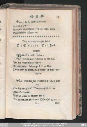 Die zwey und zwanzigste Fabel. Die Schlange. Der Aal.