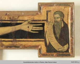 Kruzifix mit Maria und Johannes, den Propheten Jesaias und Jeremias und segnendem Christus : Rechter Kreuzarm: Prophet Jeremias