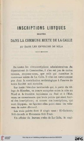 Sér. 3: Inscriptions libyques relevées dans la commune mixte de La Calle et dans les environs de Mila