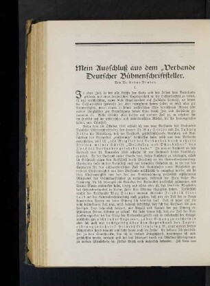 Mein Ausschluß aus dem "Verbande Deutscher Bühnenschriftsteller. Von Dr. Artur Dinter. I.